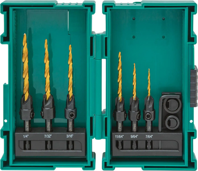 Grizzly T33845 Countersink Bit Set PRO HSS TiN-Coated Quick-Release Hex Shank Wood 8 Pc New