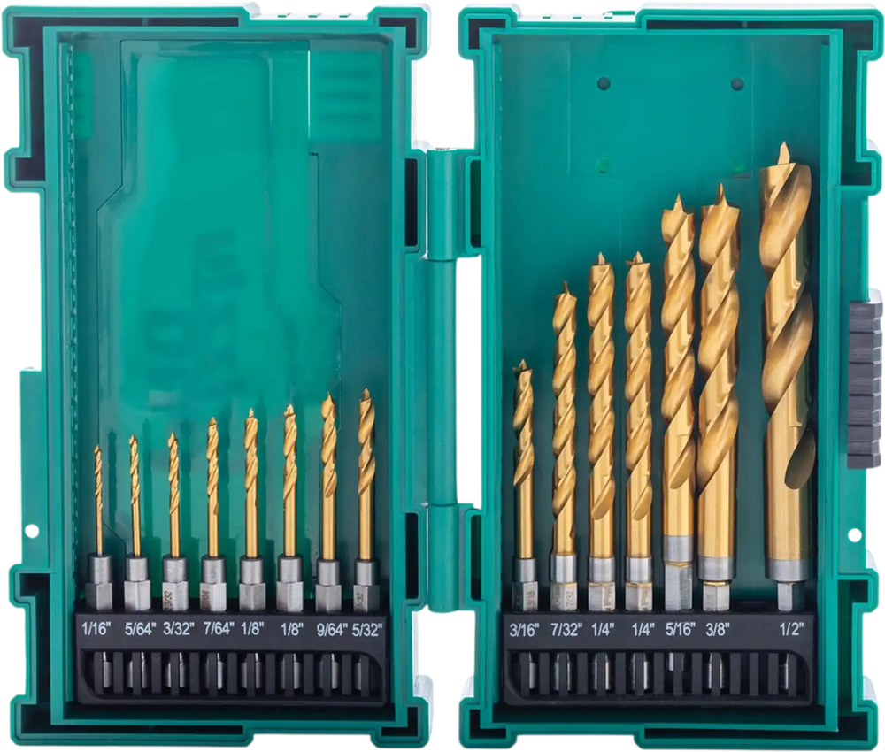 Grizzly PRO T34201 - 15-PC M2 HSS TiN-Coated Quick Release Hex Shank Brad Point Bit Set