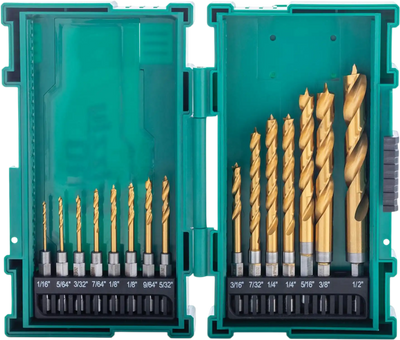 Grizzly T34201 Brad Point Bits PRO 15-PC M2 HSS TiN-Coated Quick Release Hex Shank Bit Set New