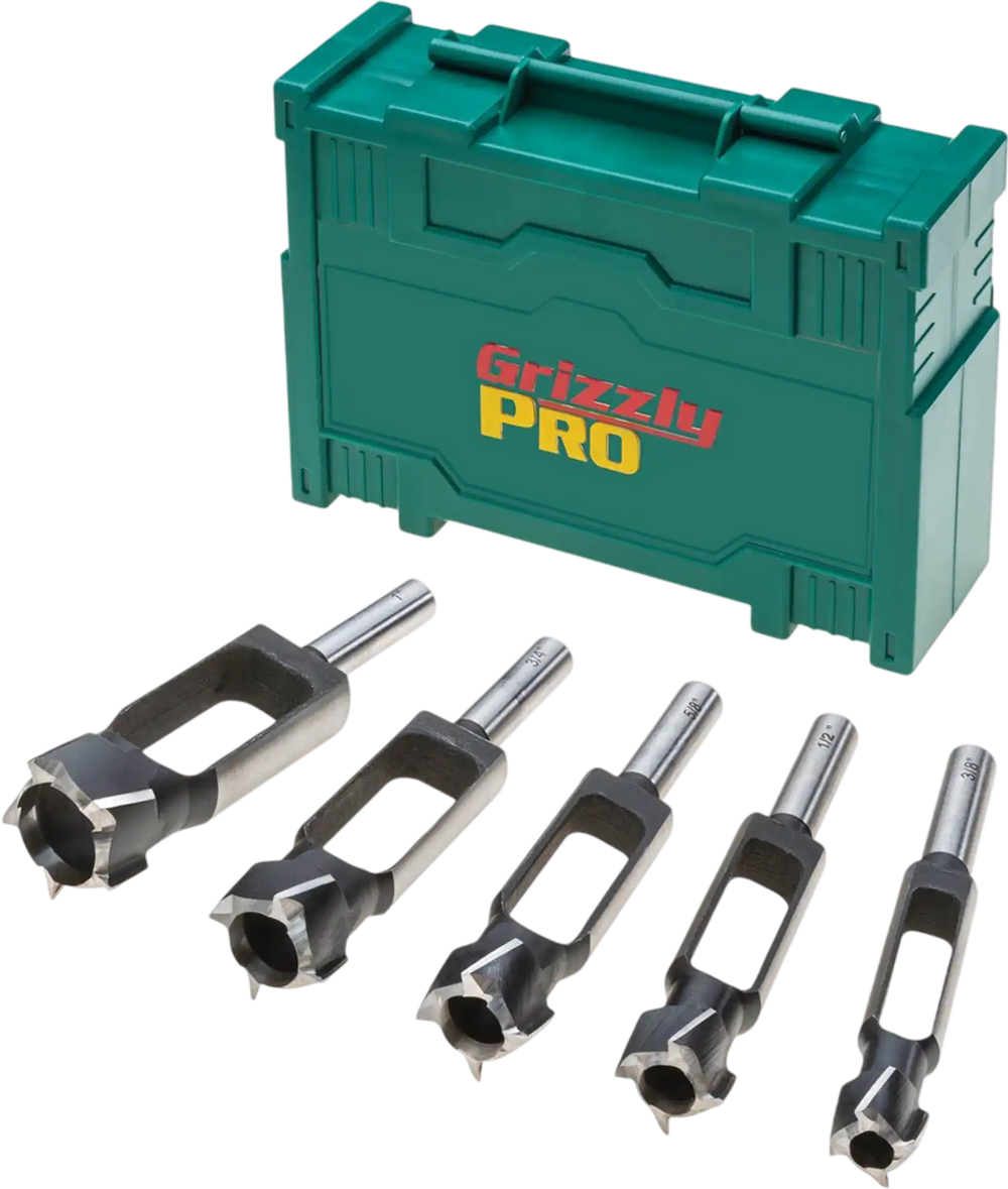 Grizzly PRO T34241 - Tenon/Plug Cutter 5-Pc. Set - 3/8", 1/2", 5/8", 3/4", 1"
