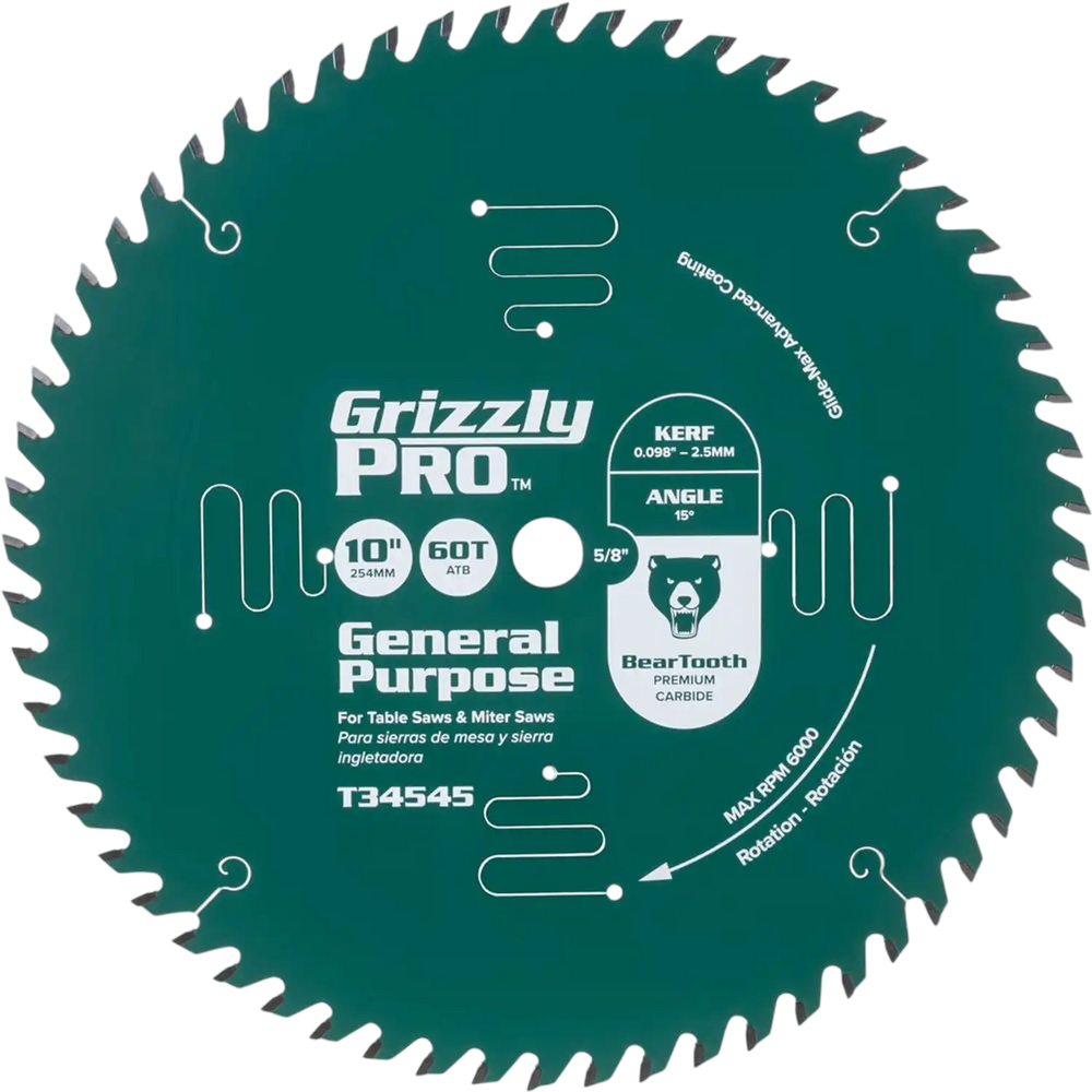 Grizzly PRO T34545 - 10" x 5/8" 60T ATB Combination Saw Blade
