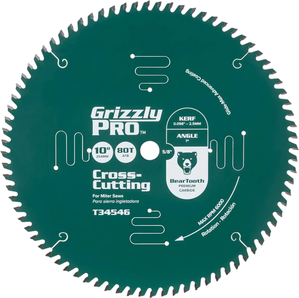 Grizzly PRO T34546 - 10" x 5/8" 80T ATB Crosscut Saw Blade