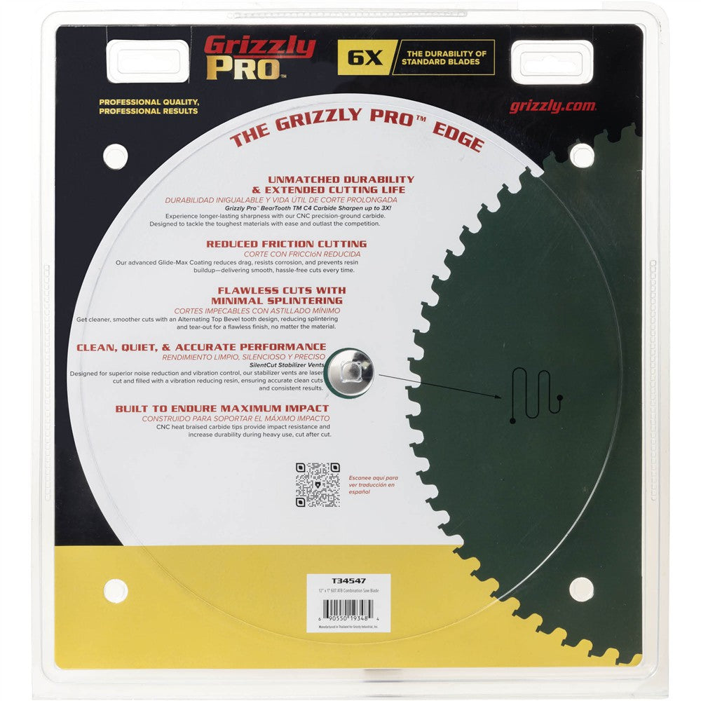 Grizzly PRO T34547 - 12" x 1" 60T ATB Combination Saw Blade