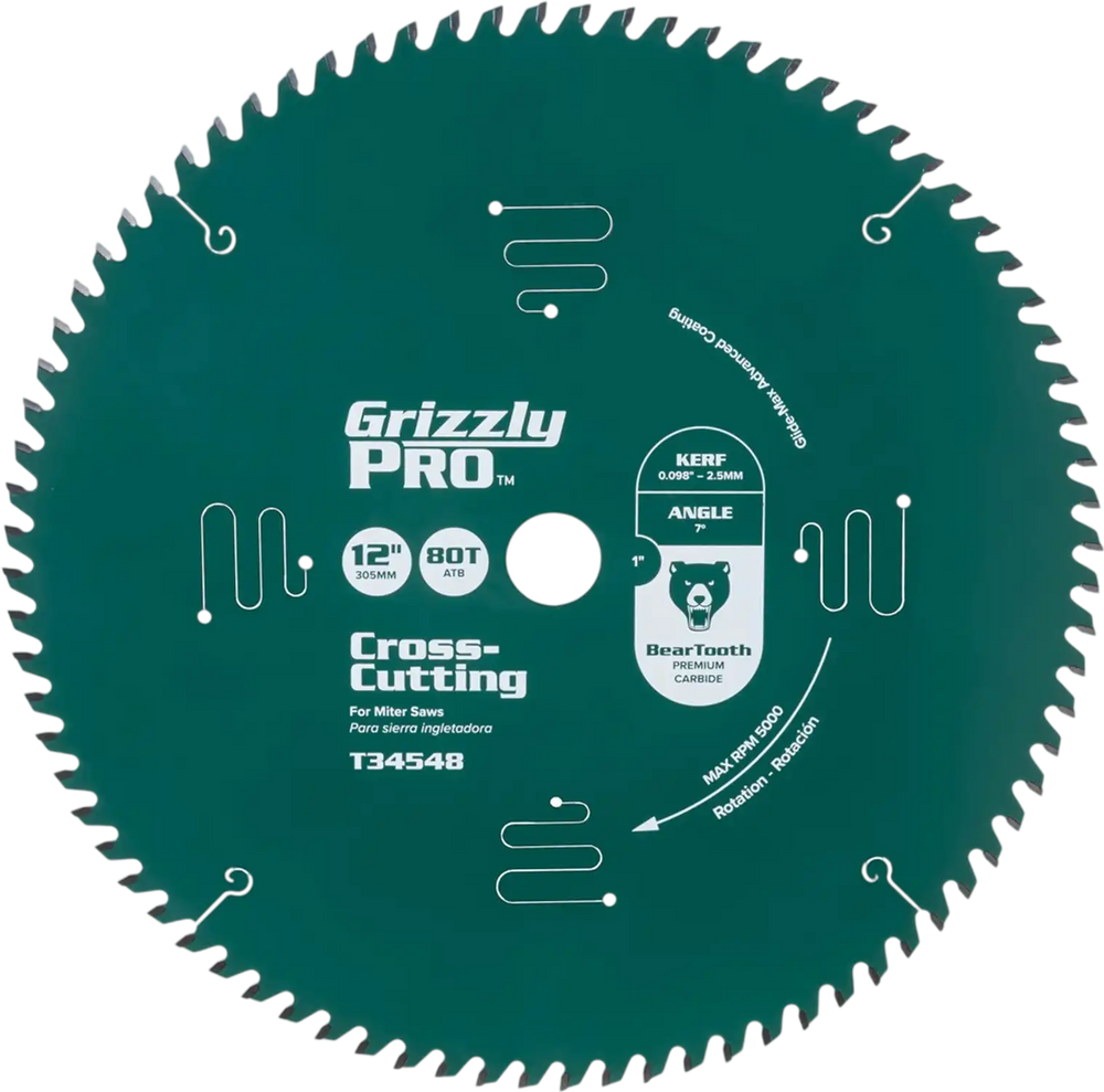 Grizzly PRO T34548 - 12" x 1" 80T ATB Crosscut Saw Blade