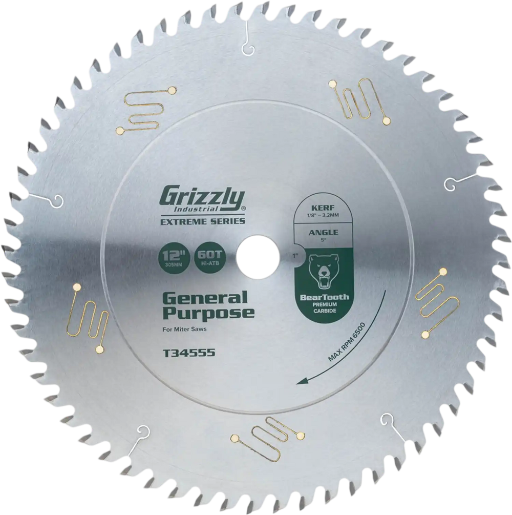 Grizzly T34555 - 12" x 1" 60T Hi-ATB Extreme Series Combination Saw Blade
