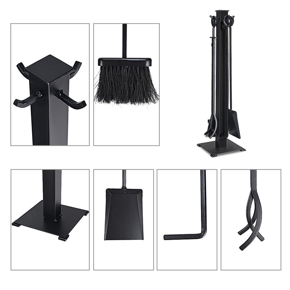 5-piece black fireplace tool set including a base, tong, poker, shovel, and brush for fire tending needs.