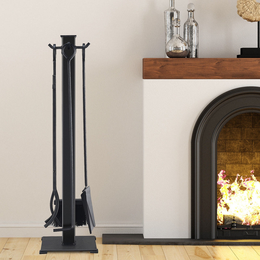 5-piece fireplace tool set in black, featuring a shovel, brush, poker, tong, and base for easy fire maintenance.