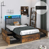 Twin bed frame with a rustic wood grain finish, featuring a stylish upholstered headboard and customizable LED lighting.