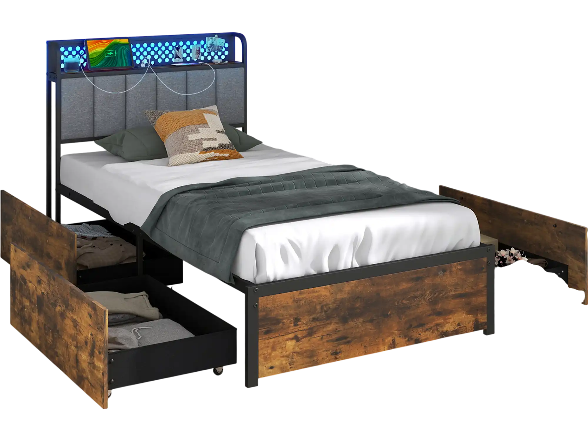 Costway Twin Bed Frame LED Lights Upholstered Headboard 4 Storage Drawers 38294651 New