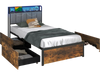 Twin bed frame with LED lights, upholstered headboard, and 4 storage drawers in rustic wood grain finish for stylish.