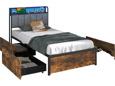 Costway Twin Bed Frame LED Lights Upholstered Headboard 4 Storage Drawers 38294651 New