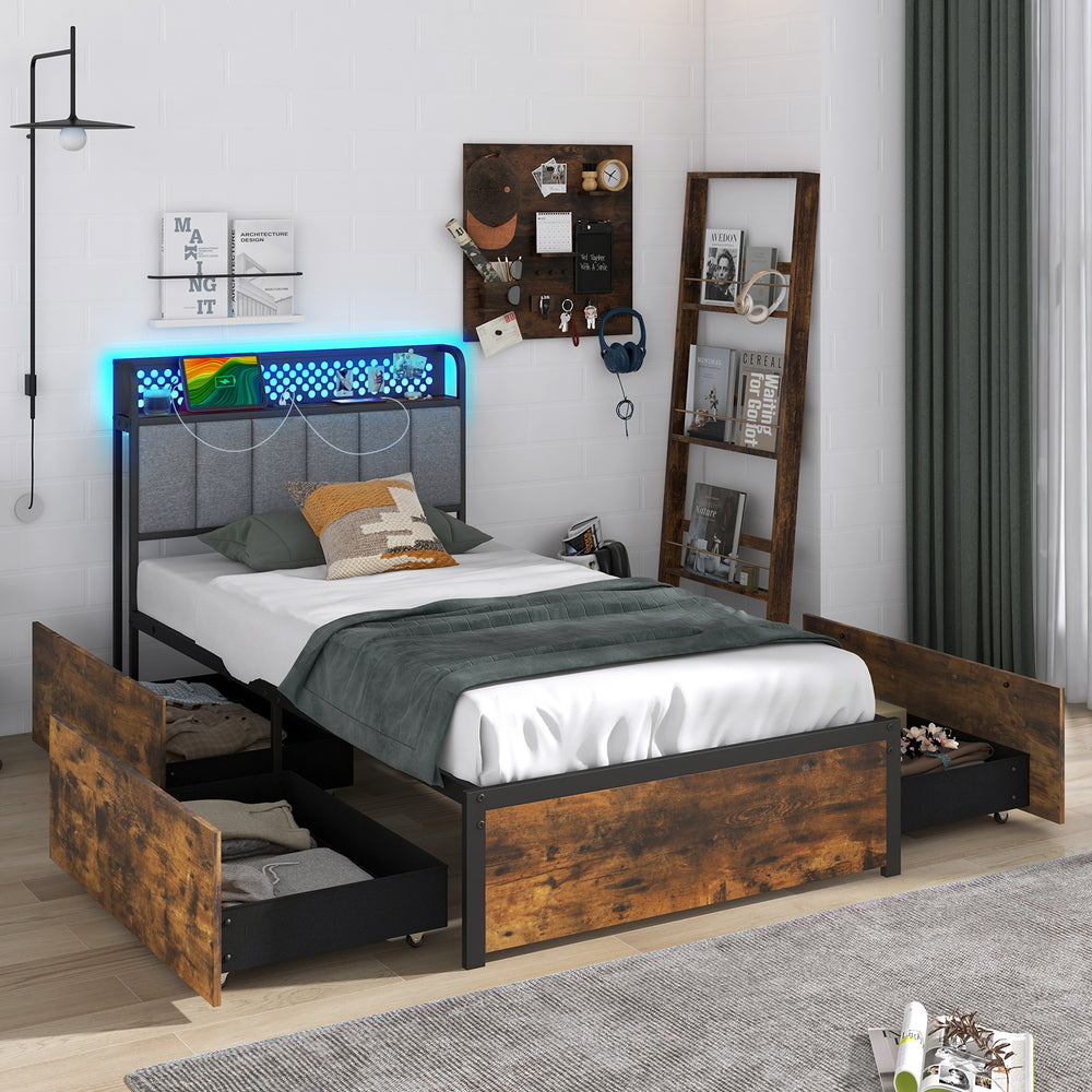 Twin/Full/Queen Bed Frame with LED Lights, Upholstered Headboard and 4 Storage Drawers-Twin size - Gallery View 1 of 11