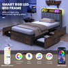 Twin bed frame with customizable LED lights, upholstered headboard, and 4 storage drawers for stylish organization.