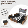 Twin bed frame with upholstered headboard, LED lights, and four storage drawers in rustic wood grain finish.