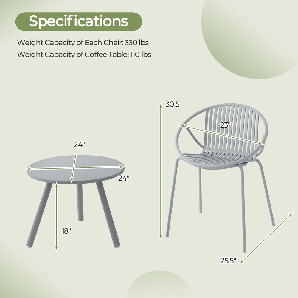 Round coffee table and two gray chairs from the All Weather PP Patio Conversation Set, perfect for indoor and outdoor.