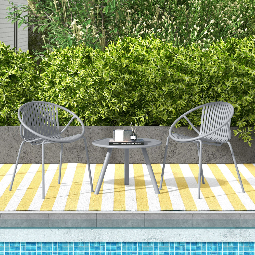 Gray all-weather PP patio conversation set featuring two chairs and a round coffee table, ideal for poolside relaxation.