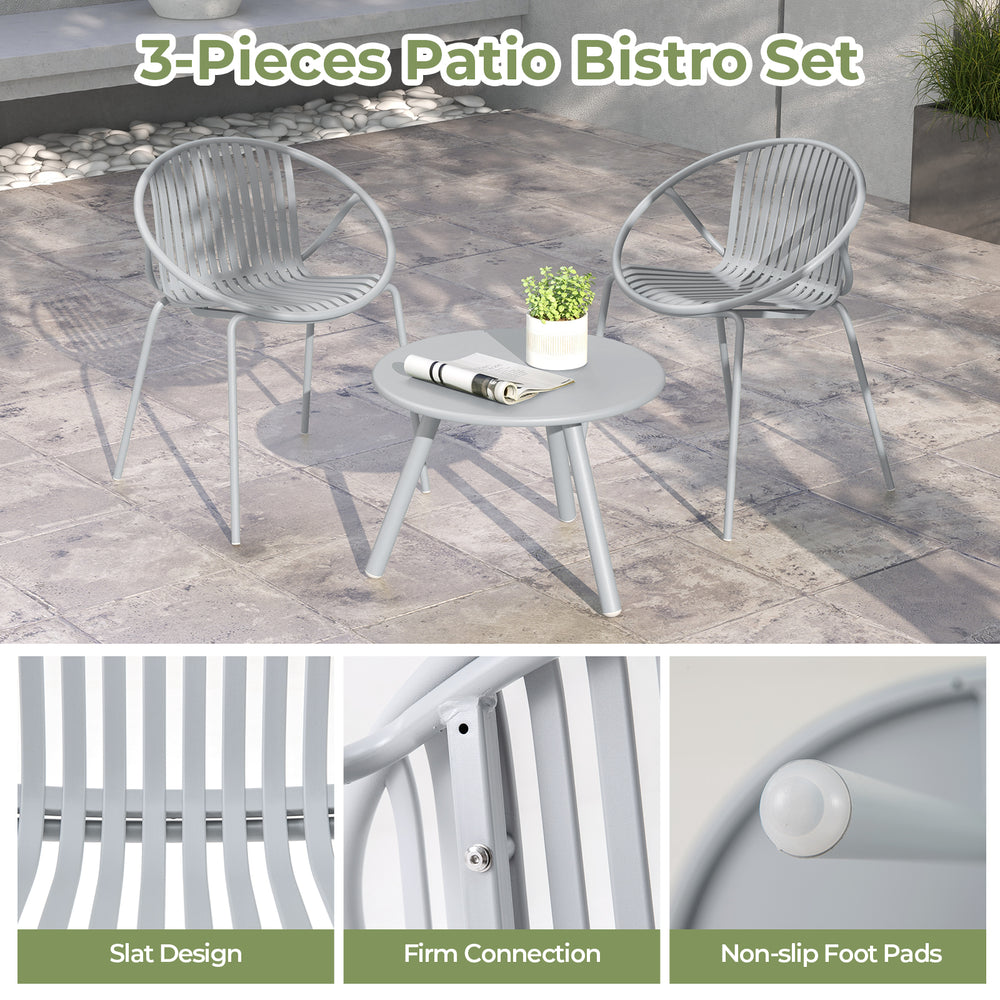 3-piece gray patio bistro set featuring a round coffee table and 2 slat design chairs, ideal for outdoor relaxation.