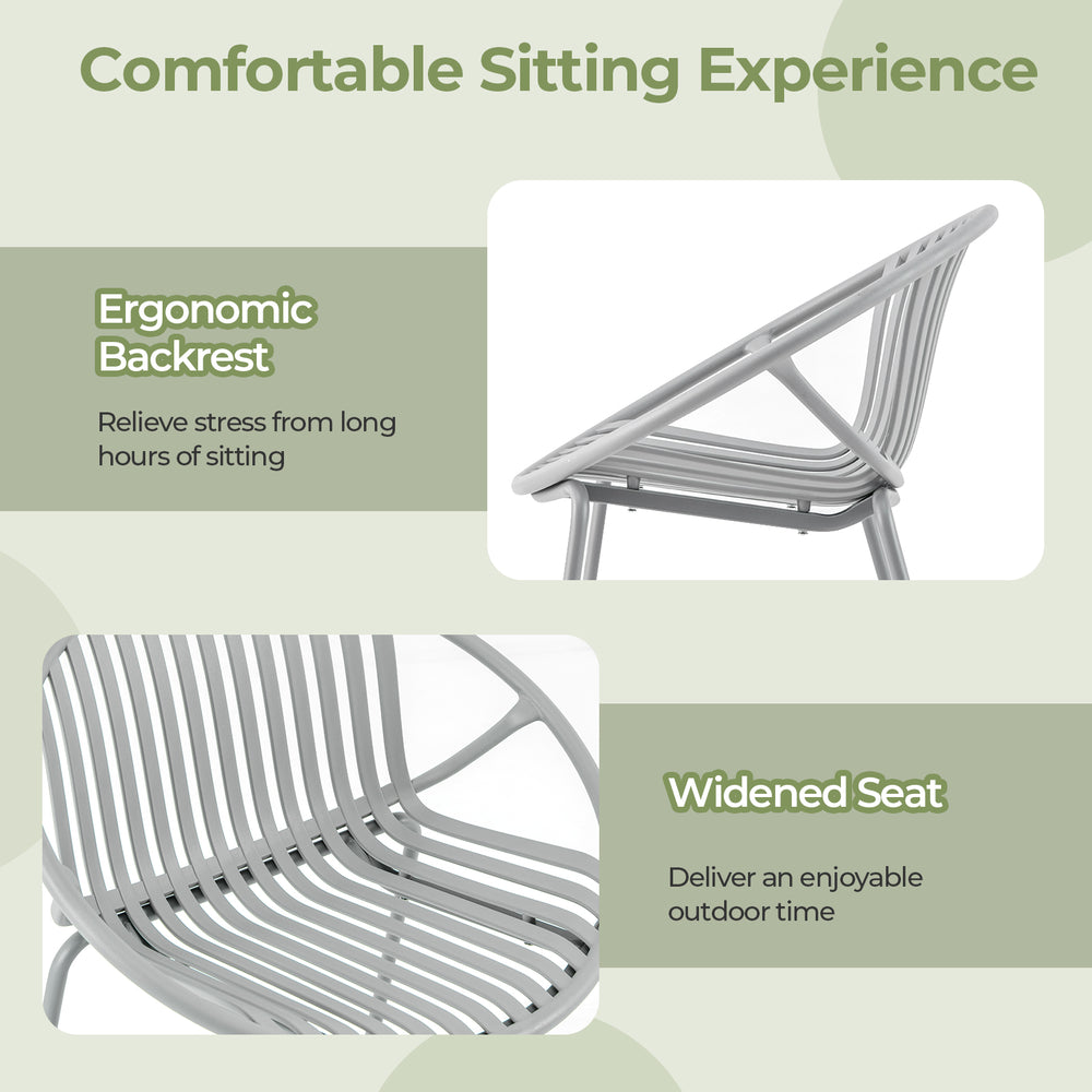 Ergonomic backrest and widened seat of gray patio chair for comfortable outdoor seating and stress relief.