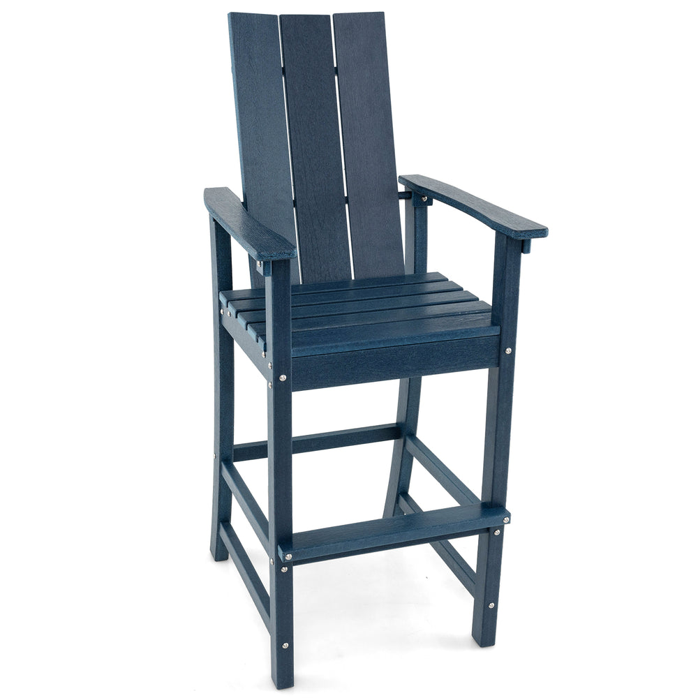 Tall blue Adirondack bar stool with ergonomic backrest, wide armrests, and footrest for outdoor comfort.