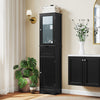 Tall black floor storage cabinet with two doors and a drawer, featuring adjustable shelves for bathroom organization.