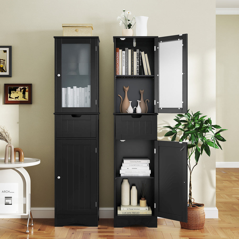 Tall black floor storage cabinet with a drawer and two doors, showcasing adjustable shelves for versatile storage.