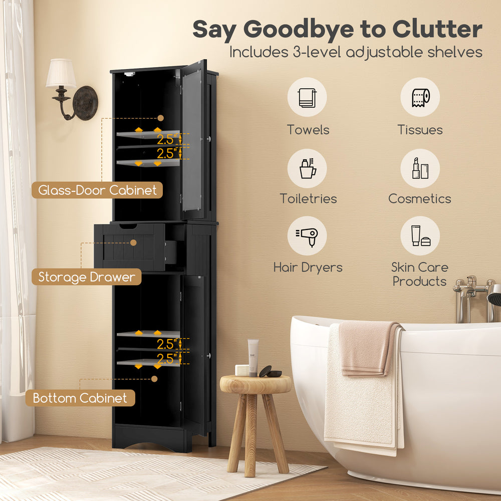 Tall black floor storage cabinet with a sleek design, featuring a storage drawer and adjustable shelves for efficient.