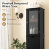 Tall black floor storage cabinet with frosted tempered glass door, featuring 2 cabinets and 1 drawer for bathroom.