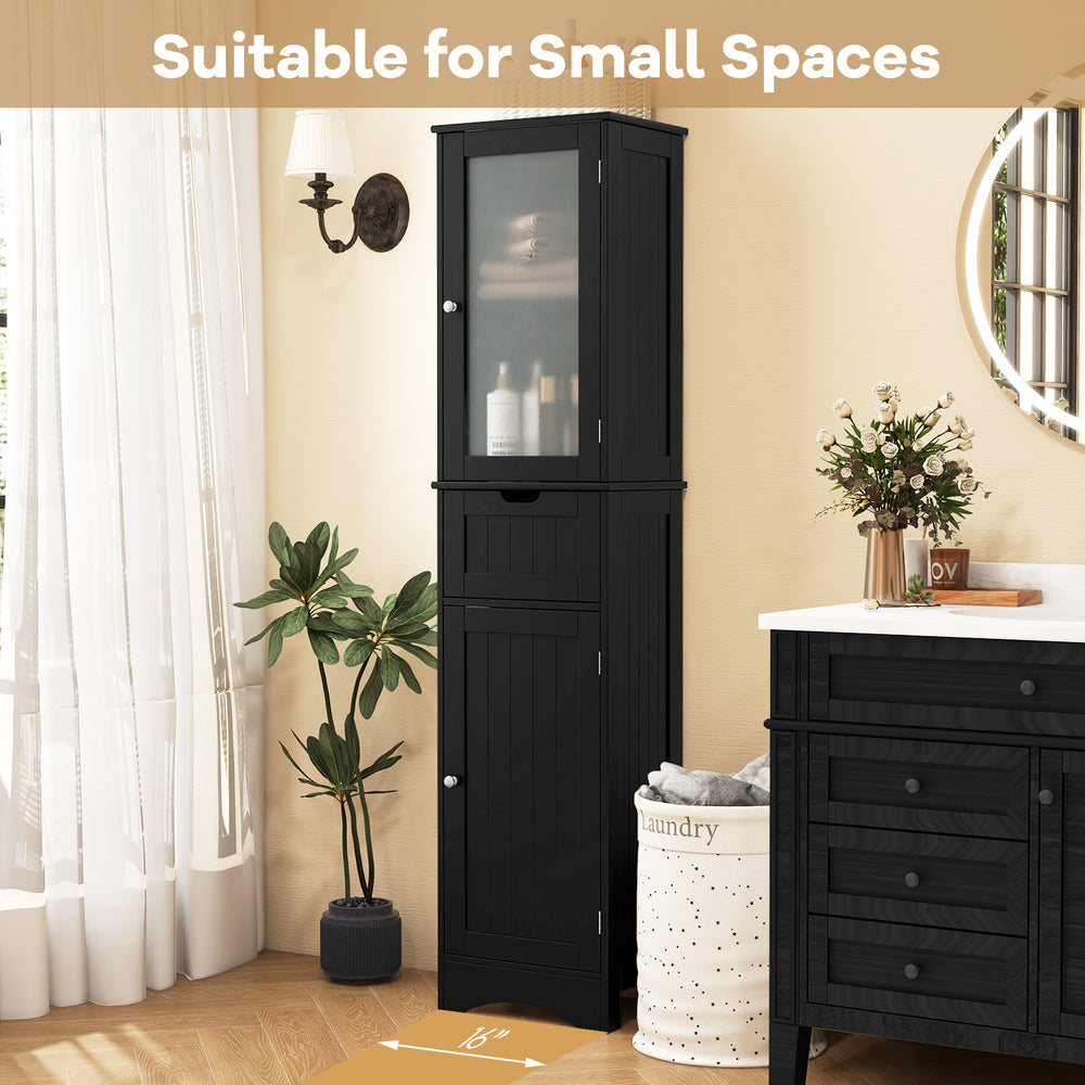 Tall black floor storage cabinet with 2 doors and 1 drawer, ideal for small spaces and bathroom organization.