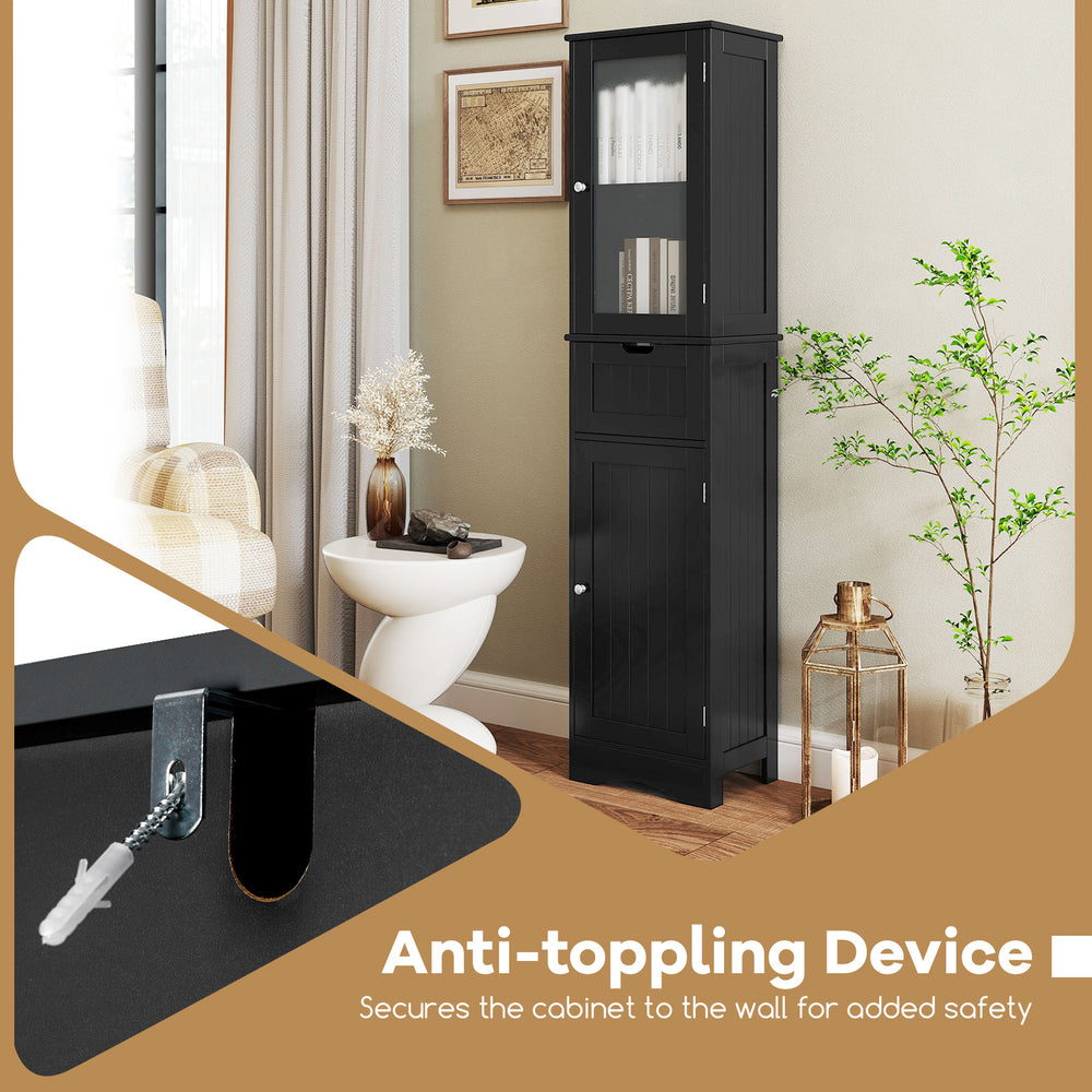 Tall black floor storage cabinet featuring 2 doors and 1 drawer, with anti-toppling device for bathroom safety.