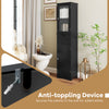 Tall black floor storage cabinet featuring 2 doors and 1 drawer, with anti-toppling device for bathroom safety.