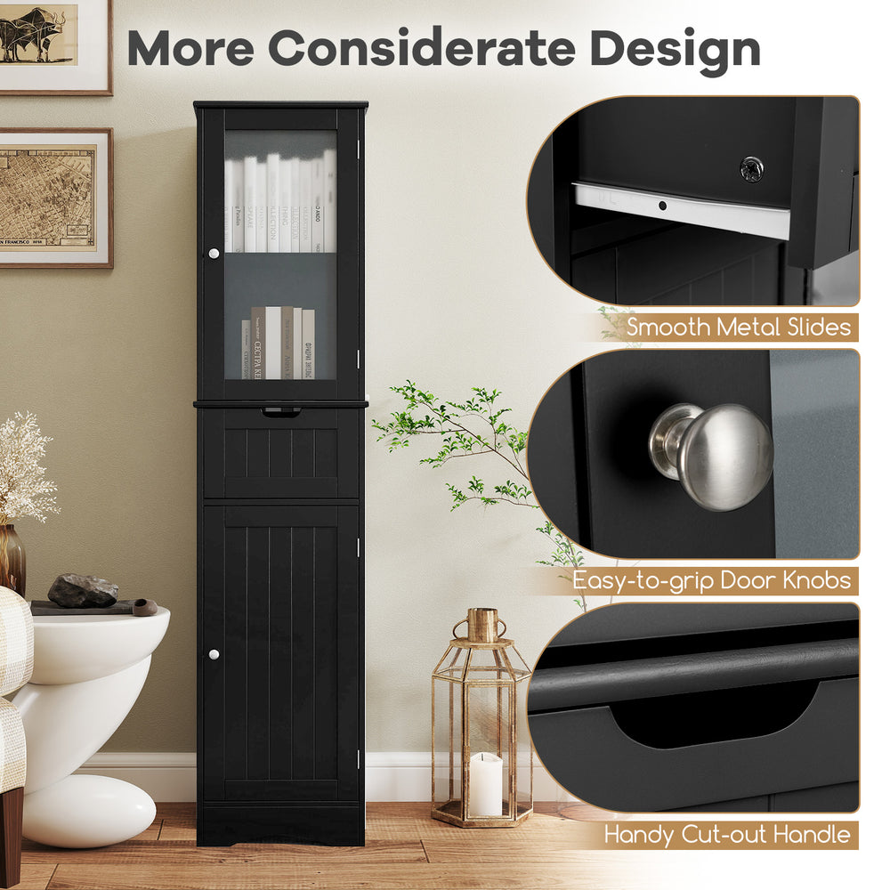 Tall black floor storage cabinet with two doors and one drawer, featuring adjustable shelves for bathroom organization.