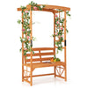 Patio garden arbor with 2-seat bench made of natural fir wood, featuring climbing trellises for garden decoration.
