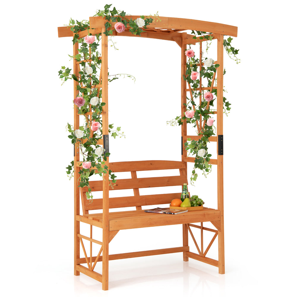 Patio garden arbor with 2-seat bench made of natural fir wood, featuring climbing trellises for garden decoration.