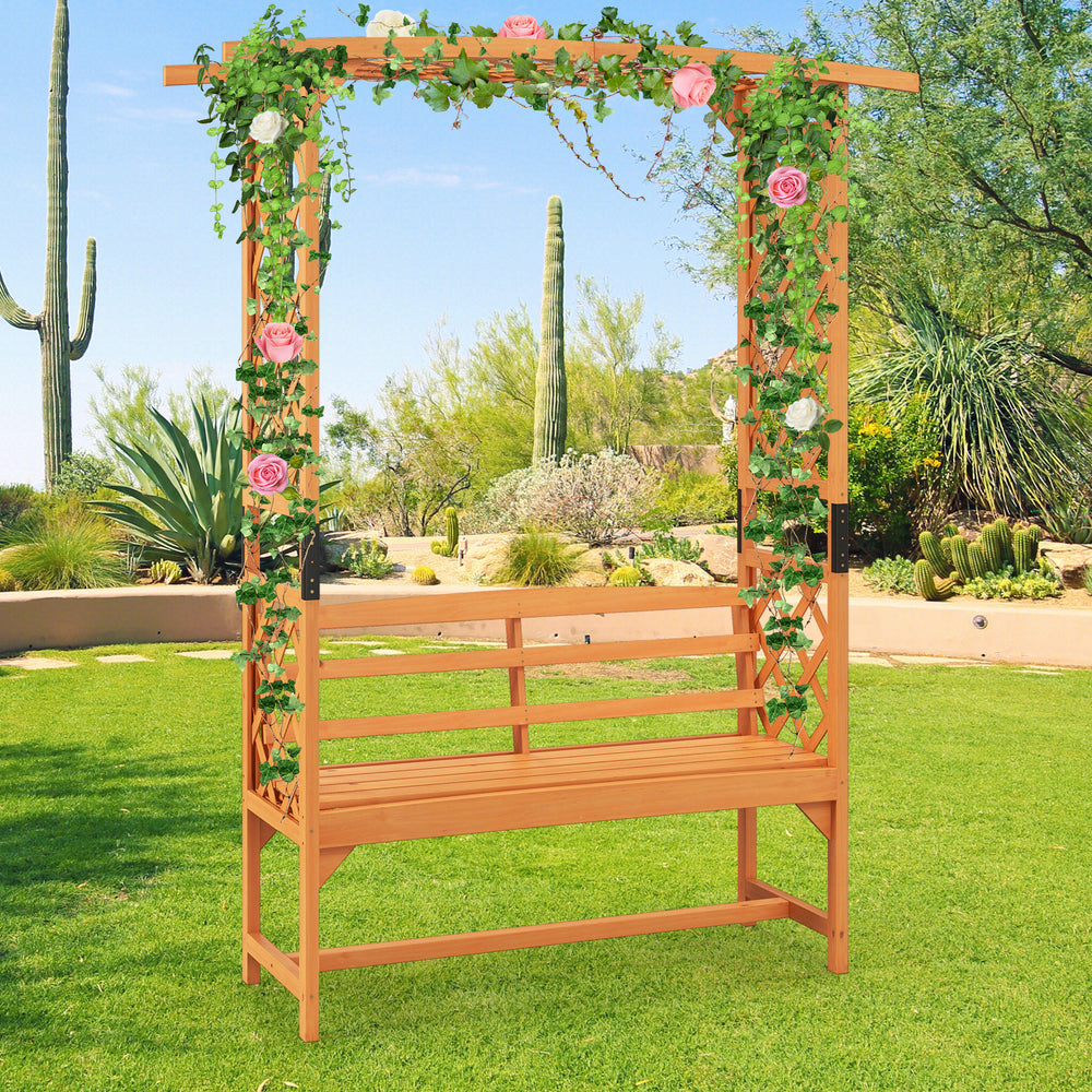 Patio garden arbor with a 2-seat bench, made of natural fir wood, perfect for climbing plants and backyard decoration.