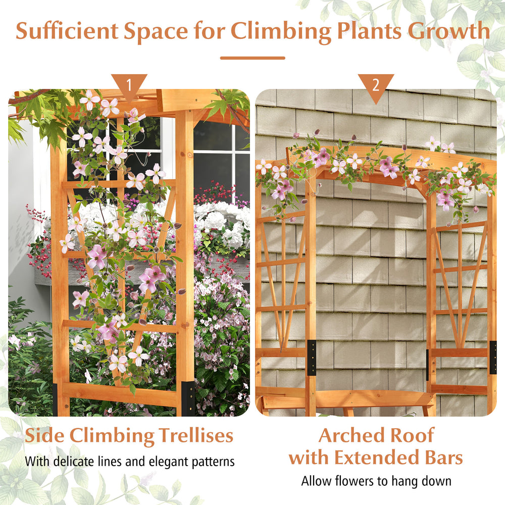 Side climbing trellises of the 6.2 feet tall patio garden arbor, made of natural fir wood, perfect for supporting.