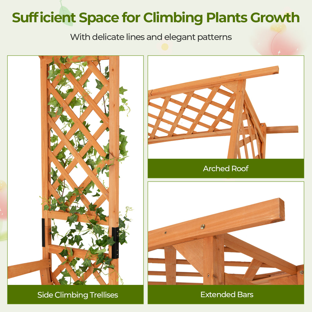 6.5 FT tall patio garden arbor with an arched roof, made of natural fir wood, featuring side climbing trellises for.