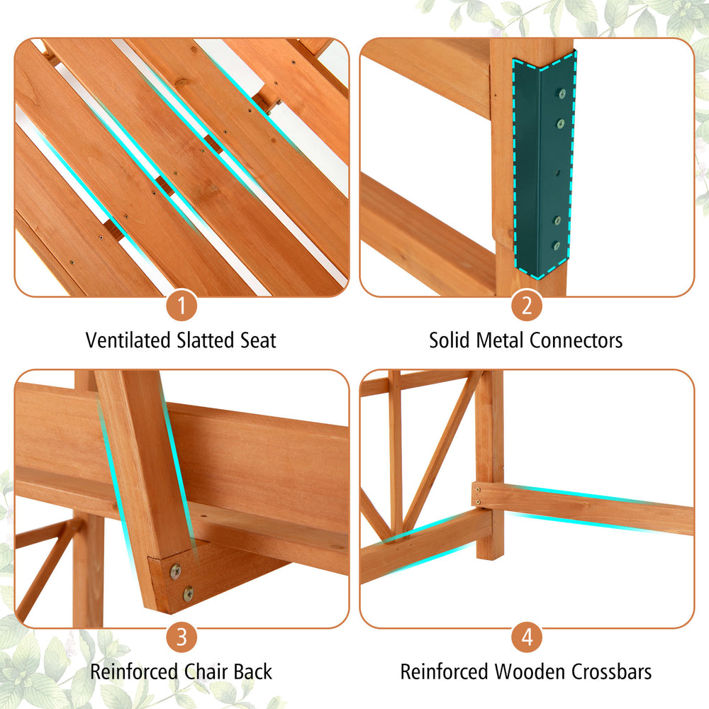 Detail of the reinforced wooden crossbars and solid metal connectors on the 6.2 feet tall patio garden arbor bench.