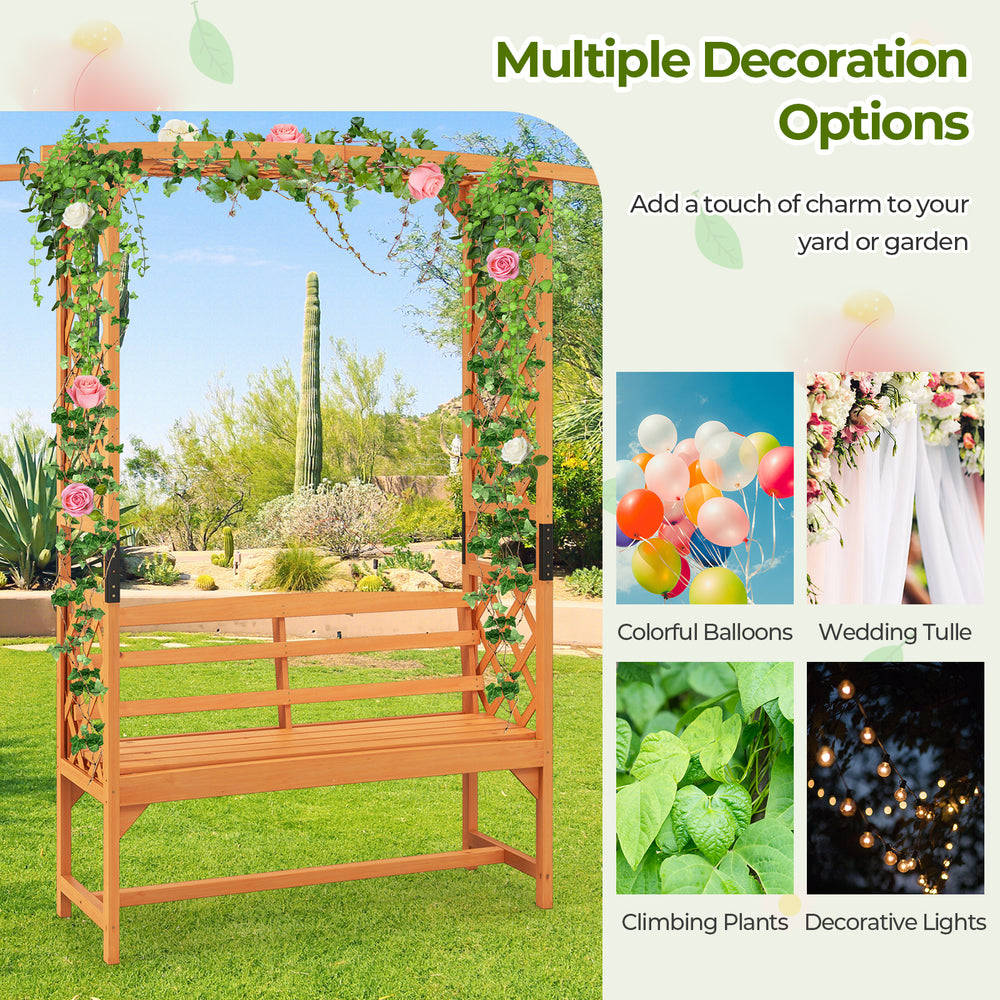 6.5 FT tall patio garden arbor with a 2-seat bench, made of natural fir wood, perfect for garden decoration and.