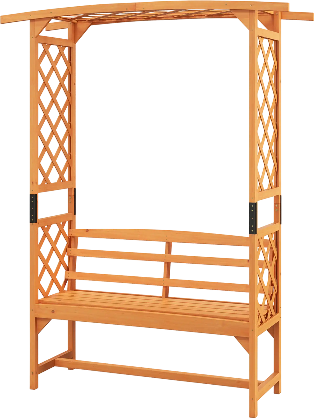 Patio garden arbor with a 2-seat bench made of natural fir wood, featuring climbing trellises for garden decoration.