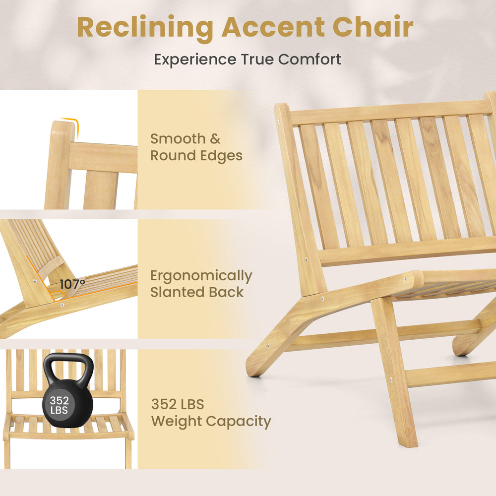 Teak wood outdoor reclining chair with ergonomic backrest, smooth surface, and 352 lbs weight capacity for comfortable.