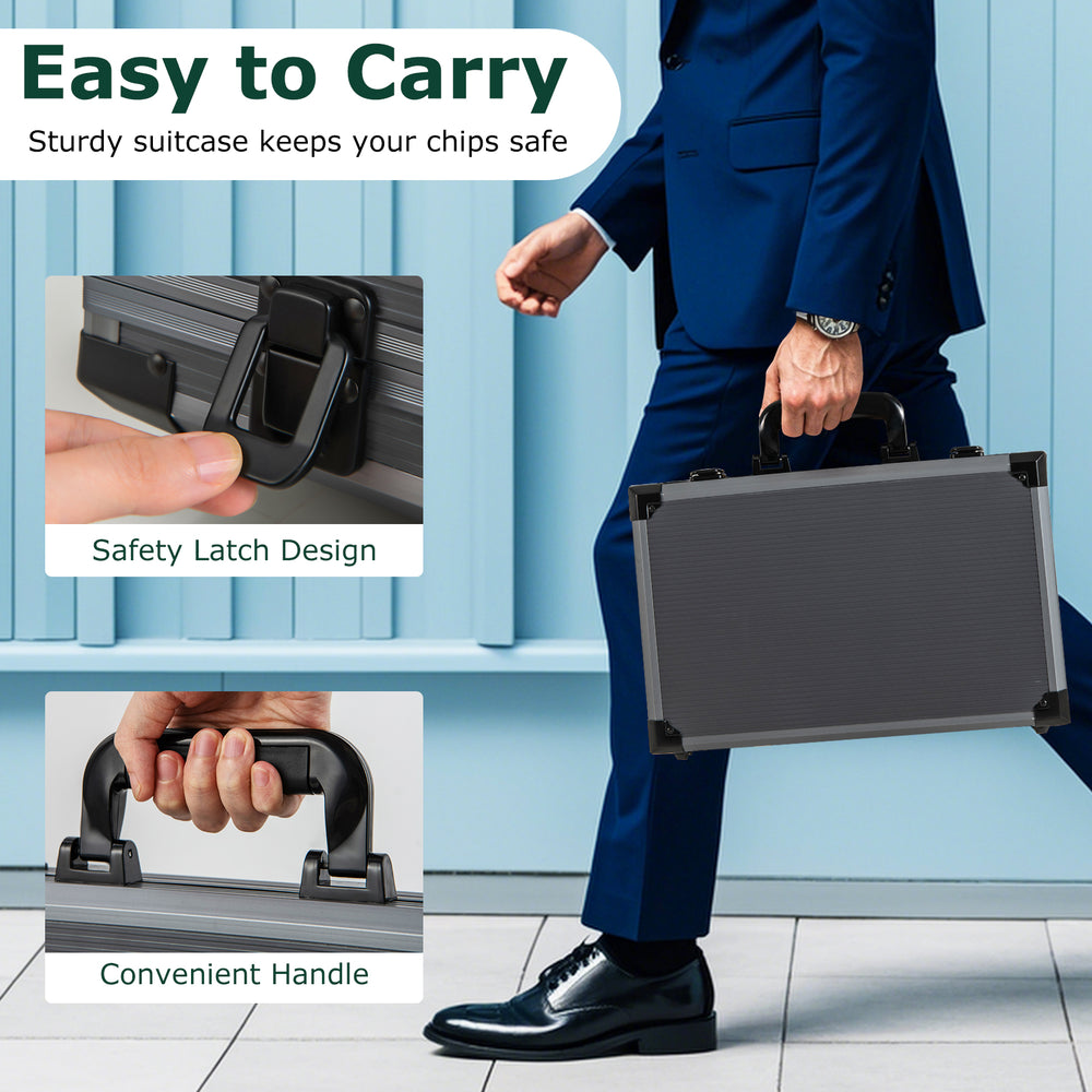Aluminum suitcase with handle for Texas Holdem poker chip set, featuring safety latch design for easy transport.