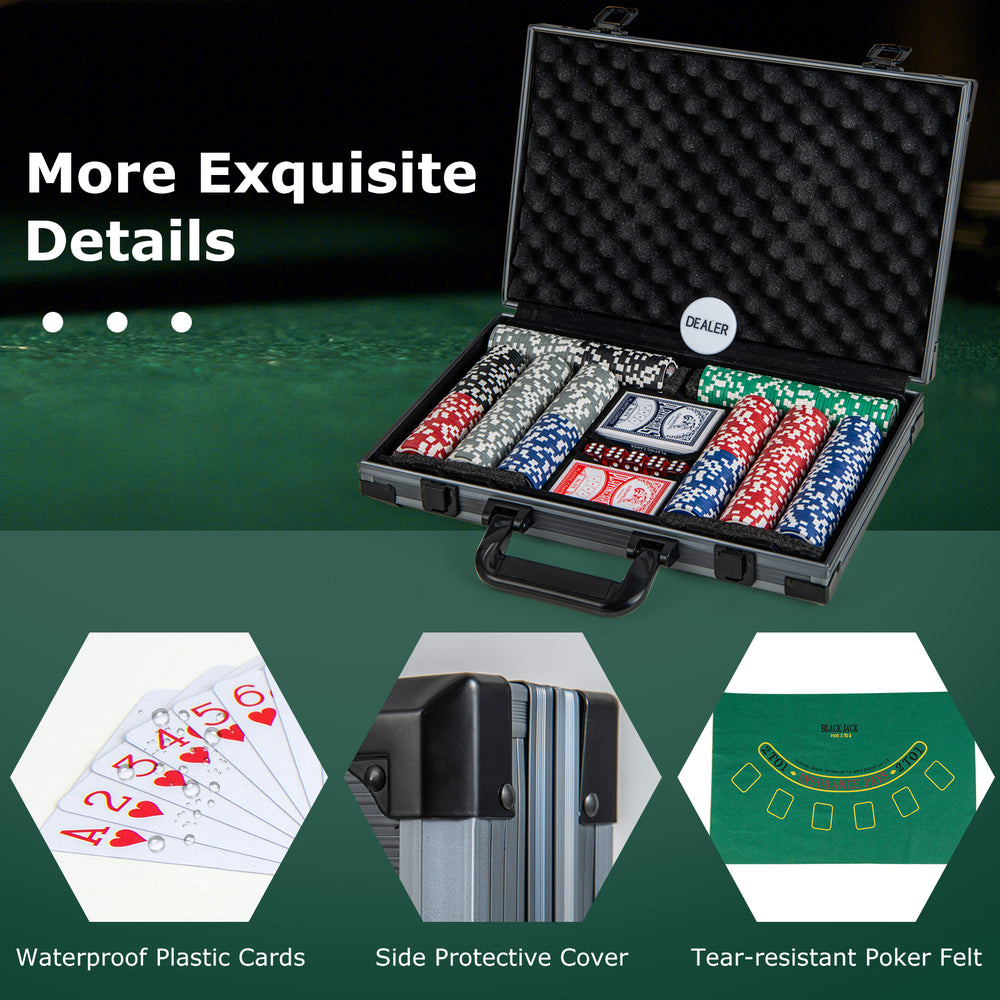 Texas Holdem poker chip set in aluminum case with 400 chips, waterproof cards, and tear-resistant felt for game nights.