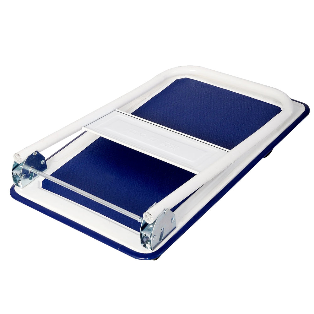 Foldable platform cart dolly with blue vinyl deck, designed for easy storage and smooth loading, suitable for various.