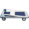 Foldable platform cart dolly with blue vinyl deck and four wheels, ideal for easy loading and storage in various.