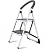 Folding step stool with iron frame, anti-slip pedals, and armrest for safety; ideal for kitchen and garage tasks.