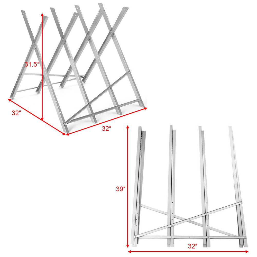 Heavy duty portable foldable steel sawhorse with triangular structure, supports 220 lbs, measures 32" x 39".