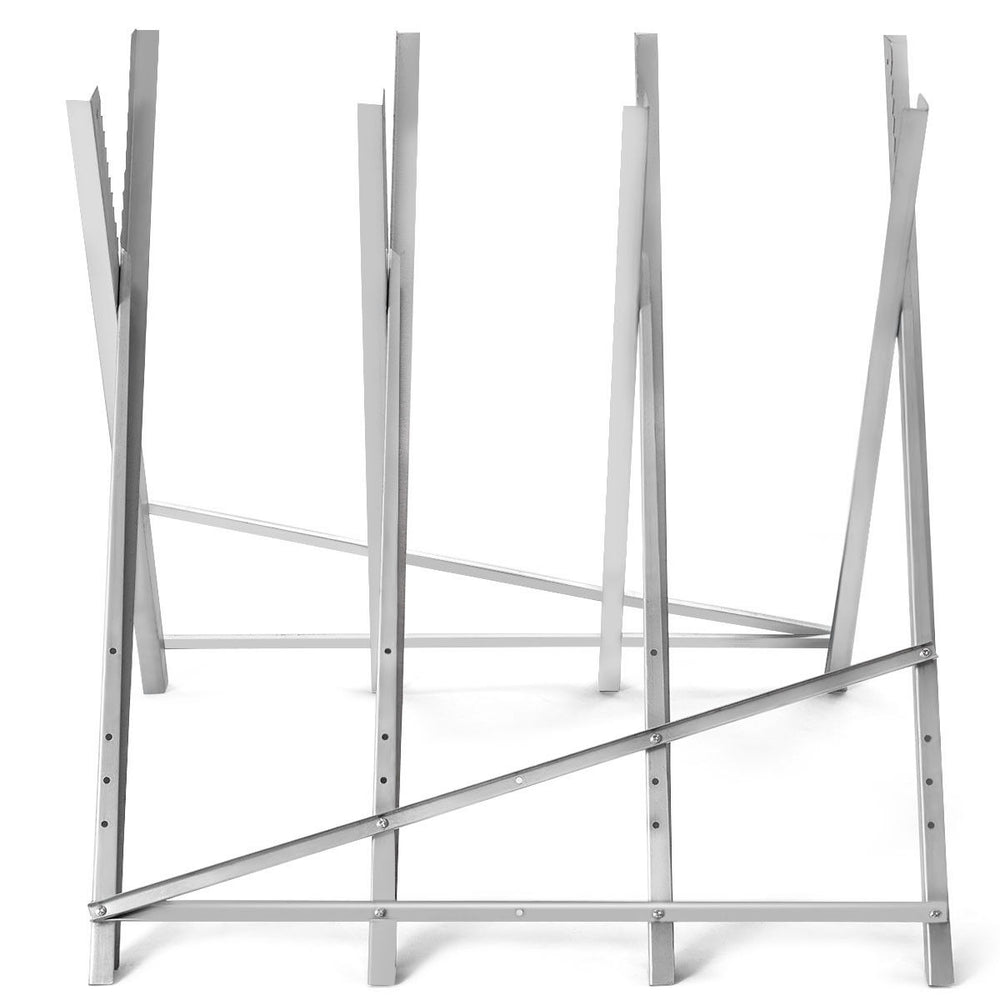 Side view of the heavy duty portable foldable steel sawhorse, featuring a compact design for easy transport and storage.