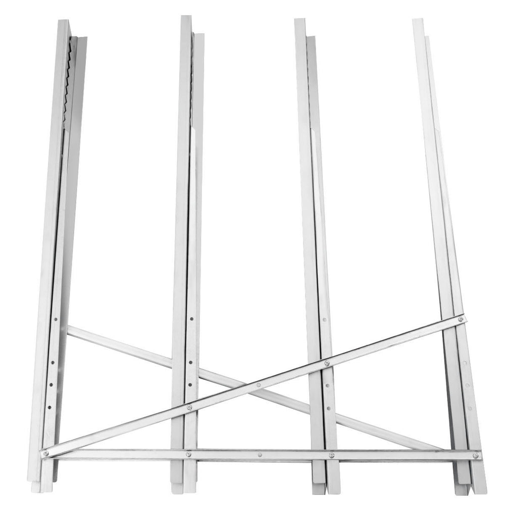 Top view of the heavy duty portable foldable steel sawhorse, showcasing its rugged construction and compact design for.