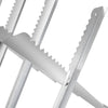 Close-up of the heavy-duty steel sawhorse with saw tooth design, supporting 220 lbs for stable wood placement.