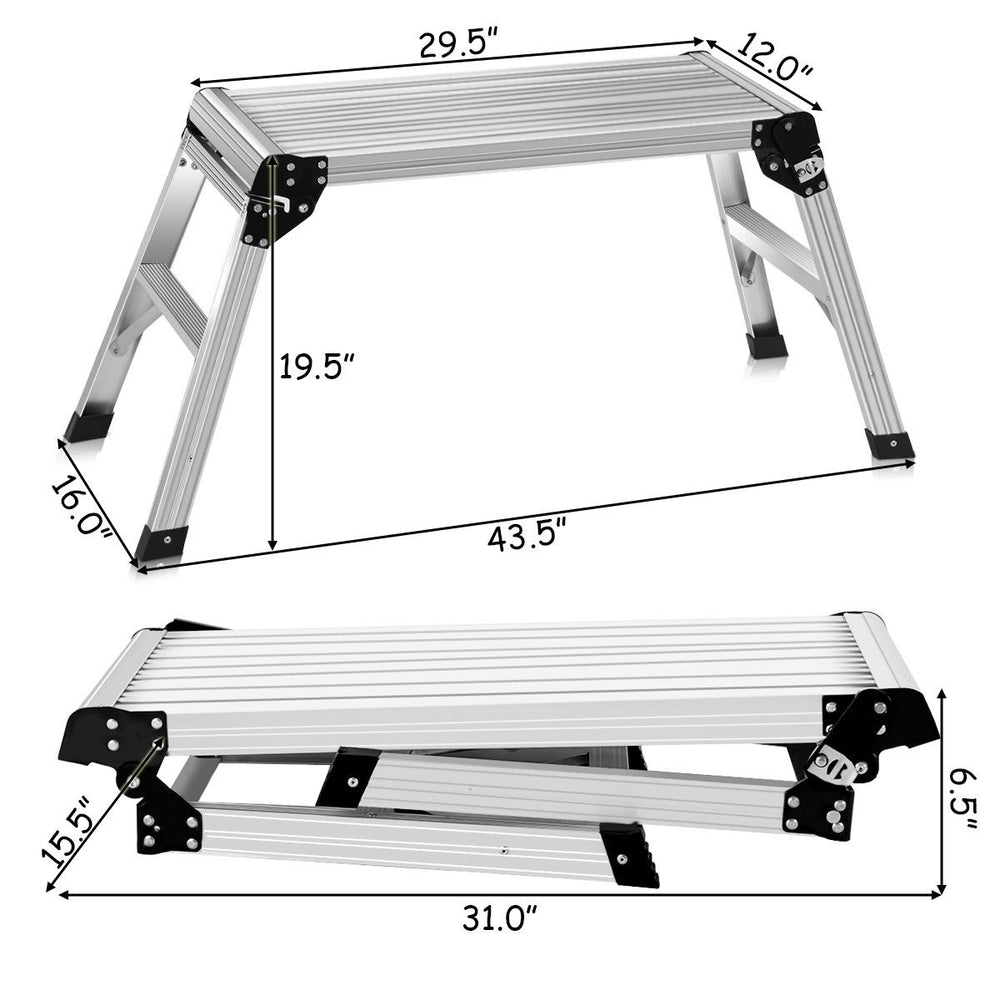 Aluminum folding step ladder with locking legs and skid-resistant feet, ideal for heavy-duty tasks and space-saving.